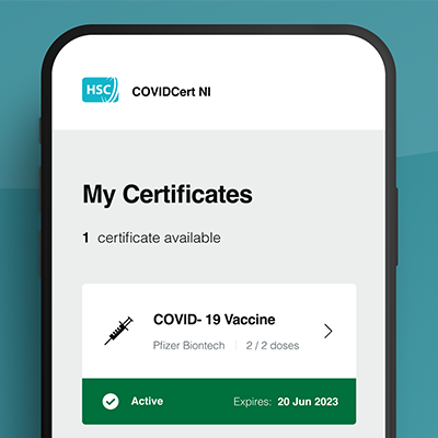 Screenshot of CovidCertNI app from which NI citizens can access and download their Covid Vaccination Certificate at the click of a button.